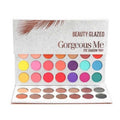 Makeup eye shadow tray with colorful shades and 'Beauty Glazed Gorgeous Me' branding.