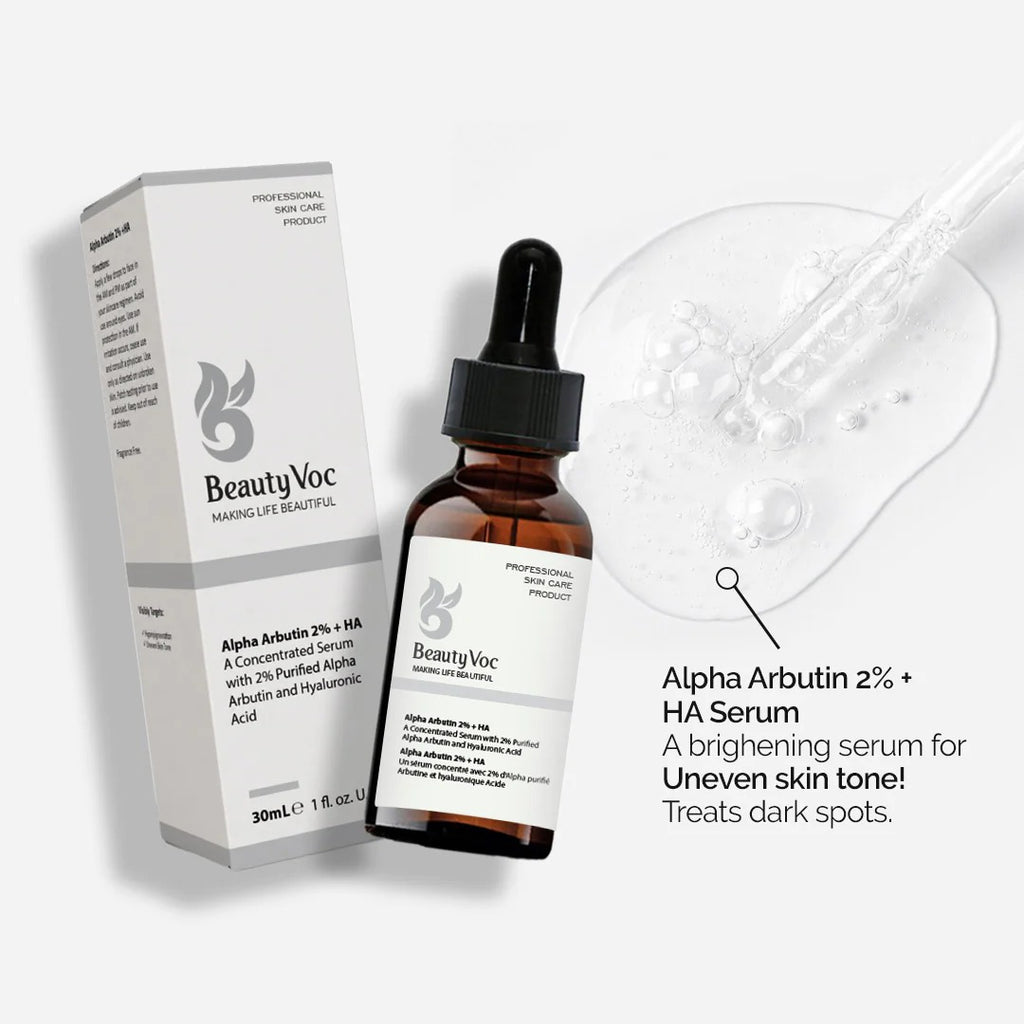 Beauty Voc Alpha Arbutin 2% + HA Serum with packaging on a white background