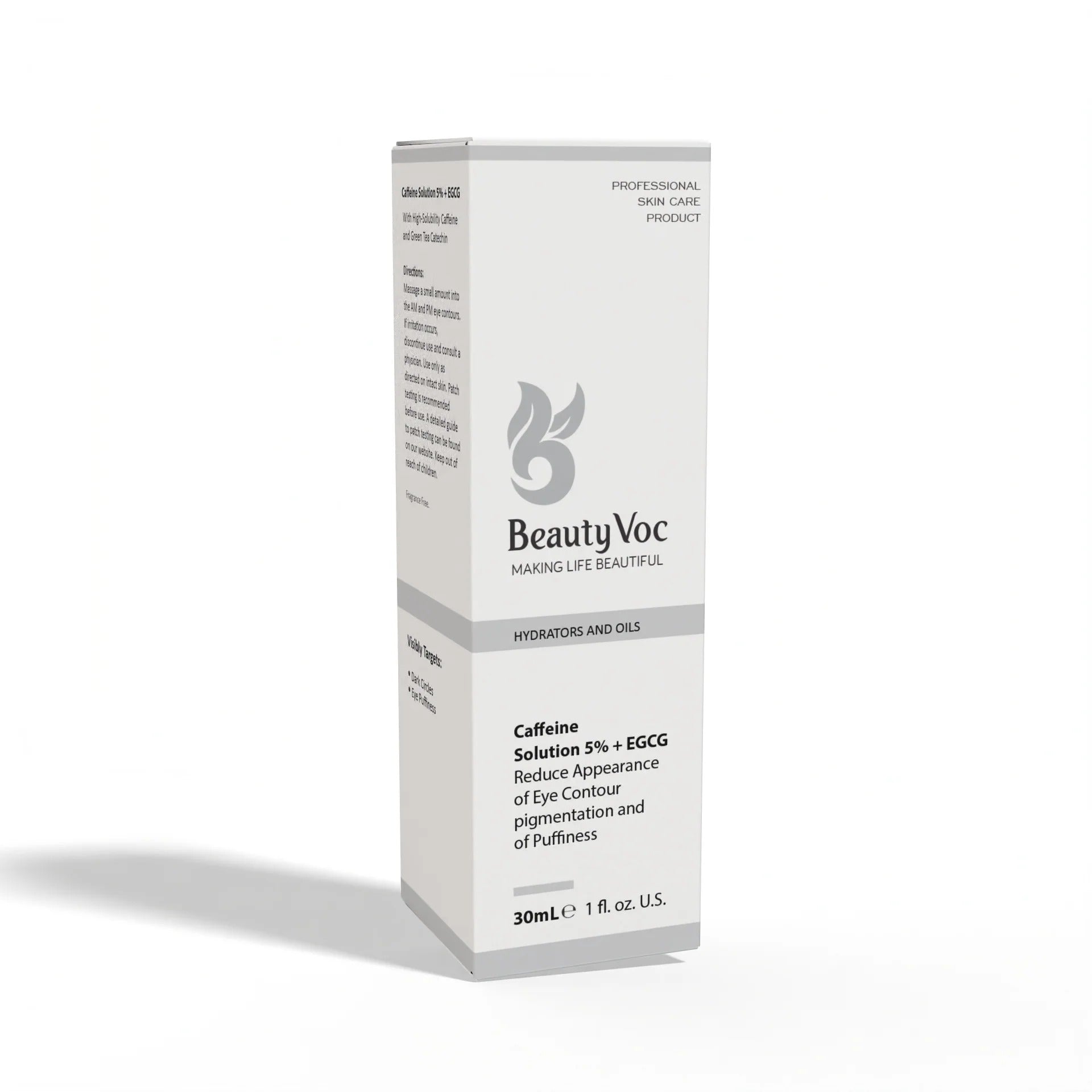 BeautyVoc Caffeine Solution 9% + EGGCG eye contour treatment box, 30mL, shown on a clean white background with a soft shadow.