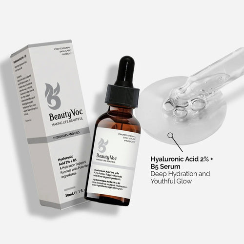 Beauty Voc serum bottle with packaging and dropper on a white background