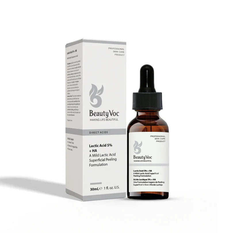 BeautyVoc Lactic Acid 5% + 14A facial peeling formulation shown with its white and gray retail box and a 30 mL amber glass dropper bottle on a clean white background.