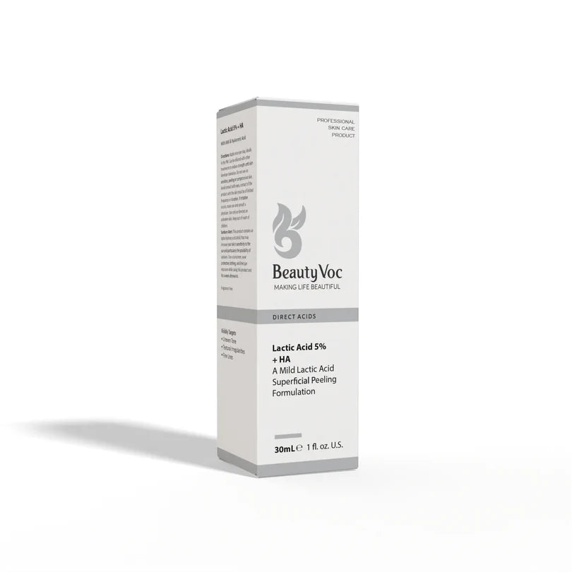BeautyVoc Lactic Acid 5% + HA Superficial Peeling Formulation in a 30mL white and gray box, shown on a clean white background with a soft shadow.