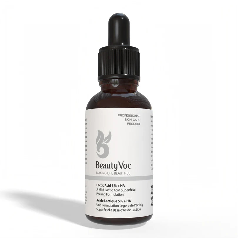 BeautyVoc Lactic Acid 5% + HA peeling formulation in an amber glass dropper bottle with a white label and black dropper cap, set against a plain white background.