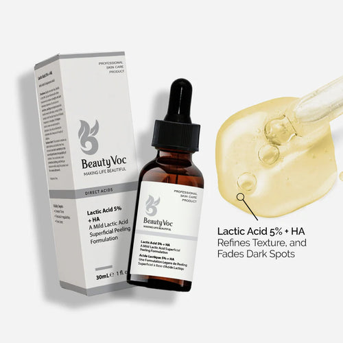 Beauty Voc Lactic Acid 5% + HA Superficial Peeling Formulation shown with its white and gray retail box, an amber glass dropper bottle, and a close-up of golden serum droplets with text on a light gray background.