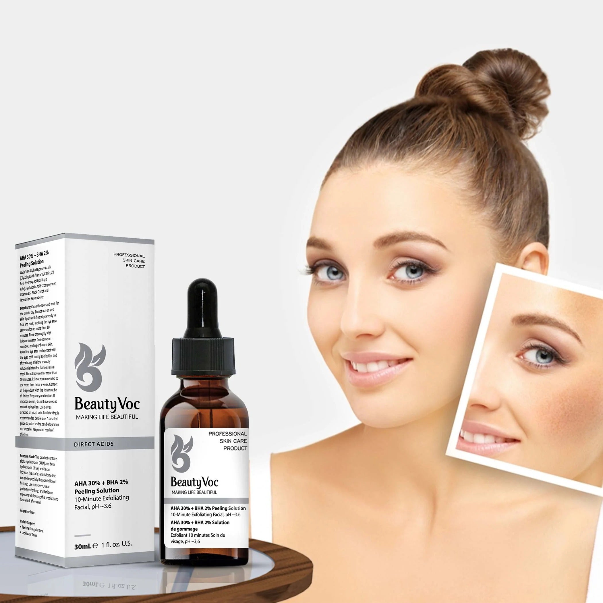 BeautyVoc skincare product with a woman's face and close-up inset on a white background