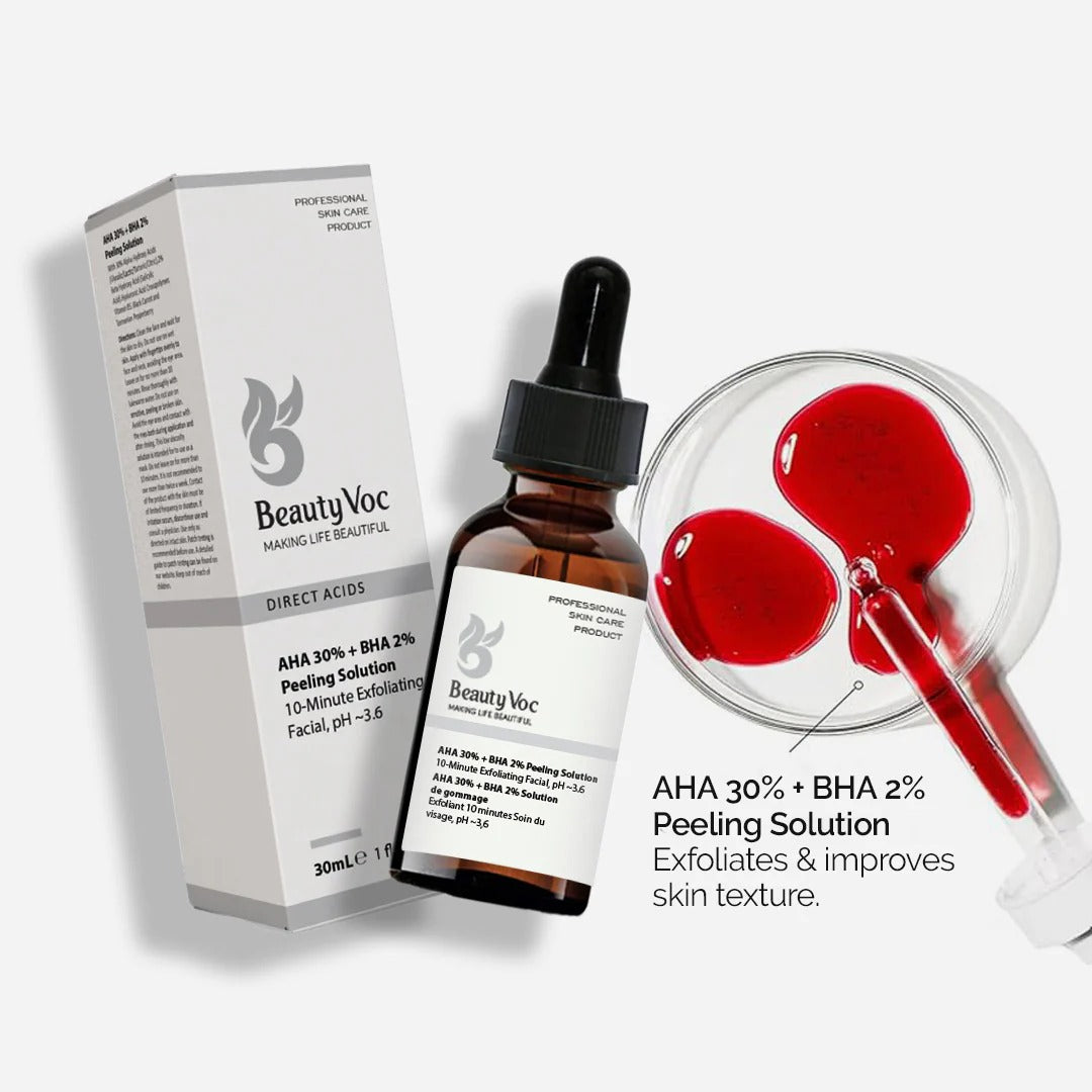 Beauty Voc skincare solution with dropper, box, and applicator on a white background