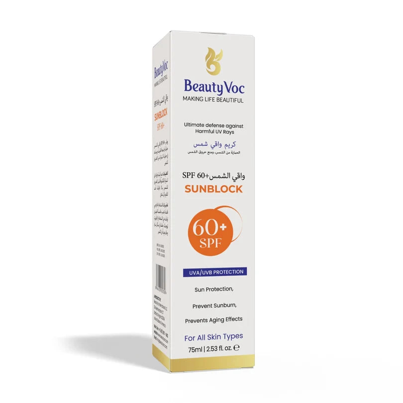 BeautyVoc Sunblock SPF 60+ sunscreen in a white rectangular box with blue and orange text and graphics, shown on a clean white background.