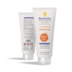 BeautyVoc Sunblock SPF 60+ sunscreen in a white squeeze tube, shown from both the front and back against a clean white background.