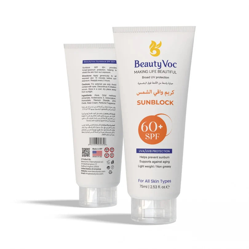 BeautyVoc Sunblock SPF 60+ sunscreen in a white squeeze tube, shown from both the front and back against a clean white background.