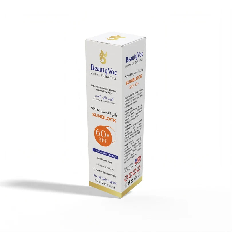 BeautyVoc Sunblock SPF 60+ sunscreen box, 75ml, shown on a clean white background with a soft shadow.