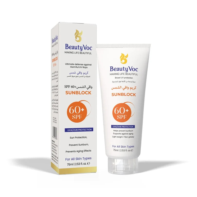 BeautyVoc Sunblock SPF 60+ sunscreen shown with its retail box and a squeeze tube on a clean white background.