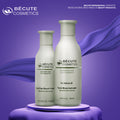Two Bécute Cosmetics bottles on a purple platform with a purple background