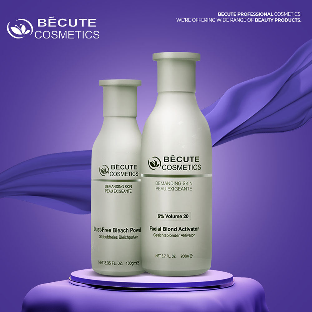 Two Bécute Cosmetics bottles on a purple platform with a purple background