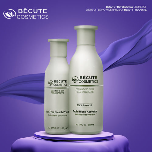 Two Bécute Cosmetics bottles on a purple platform with a purple background