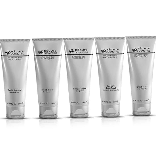 Five tubes of Bécute Cosmetics skincare products on a white background