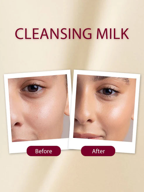 Before and after comparison of cleansing milk on a person's face with text 'Cleansing Milk' above.