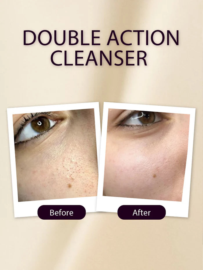 Before and after effect of a double action cleanser on skin, with text 'DOUBLE ACTION CLEANSER' above.