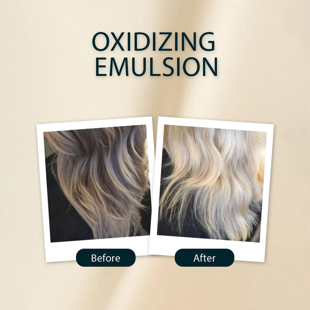 Before and after comparison of hair oxidation with 'Oxidizing Emulsion' on a beige background.