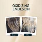 Before and after comparison of hair oxidation with 'Oxidizing Emulsion' on a beige background.