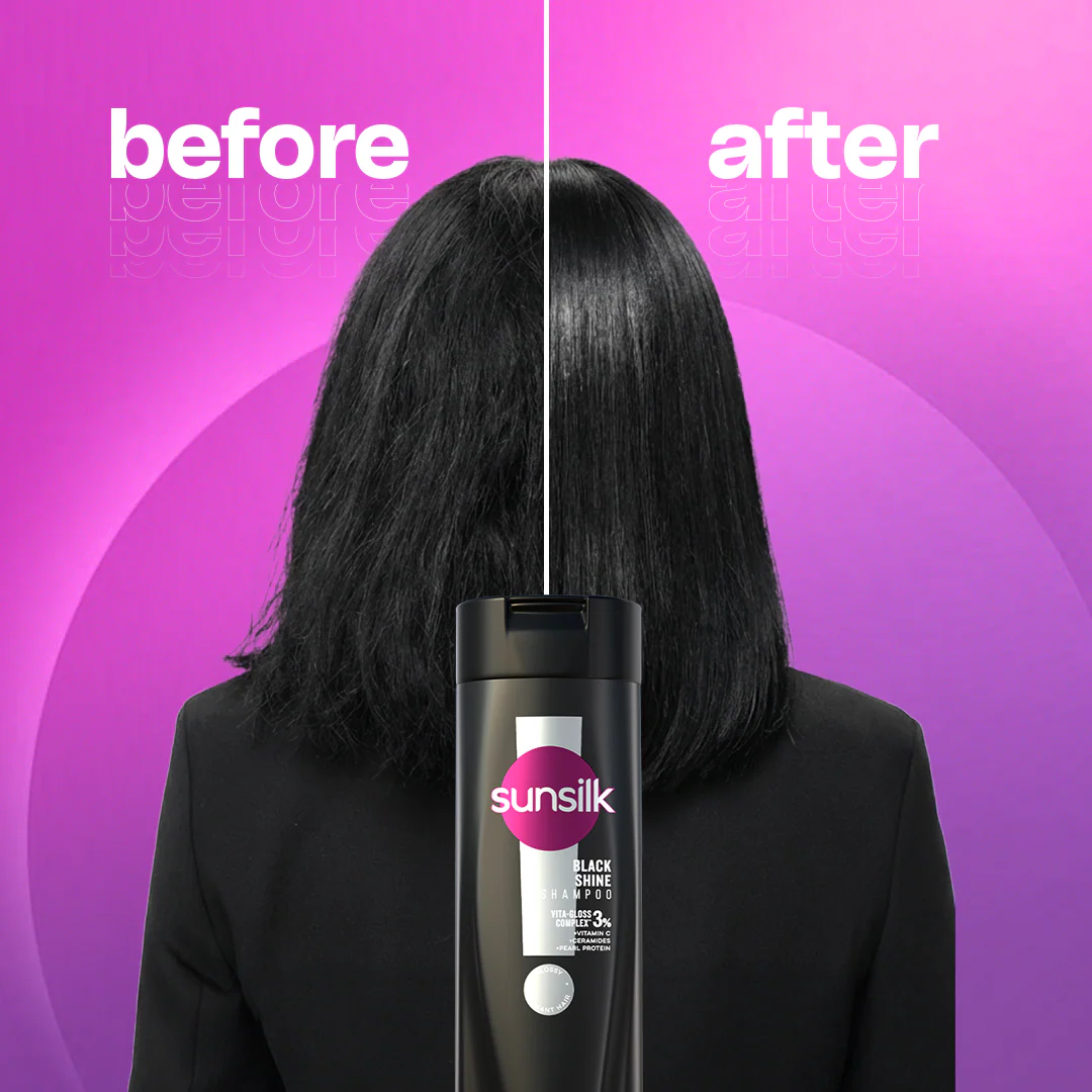 Person with black hair holding Sunsilk shampoo bottle, 'before' and 'after' comparison on a purple background