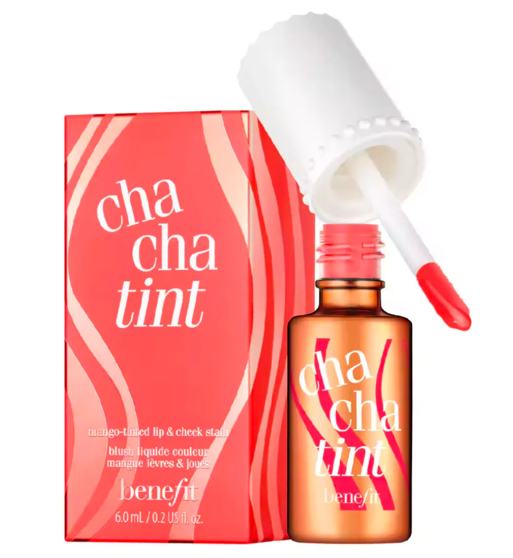 Benefit cha cha tint lip and cheek stain with packaging on a white background