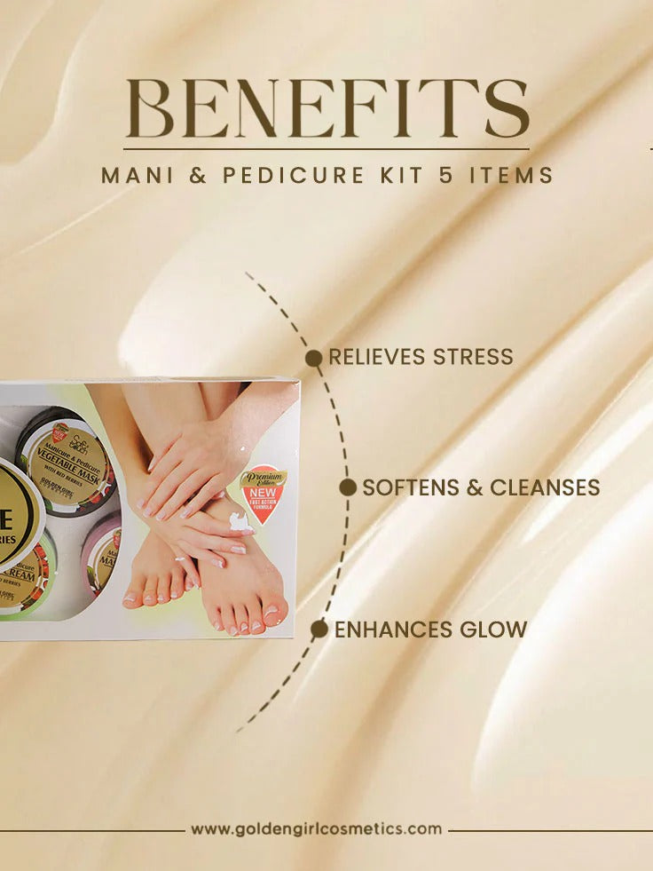 Advertisement for a mani & pedicure kit with benefits listed on a beige background.