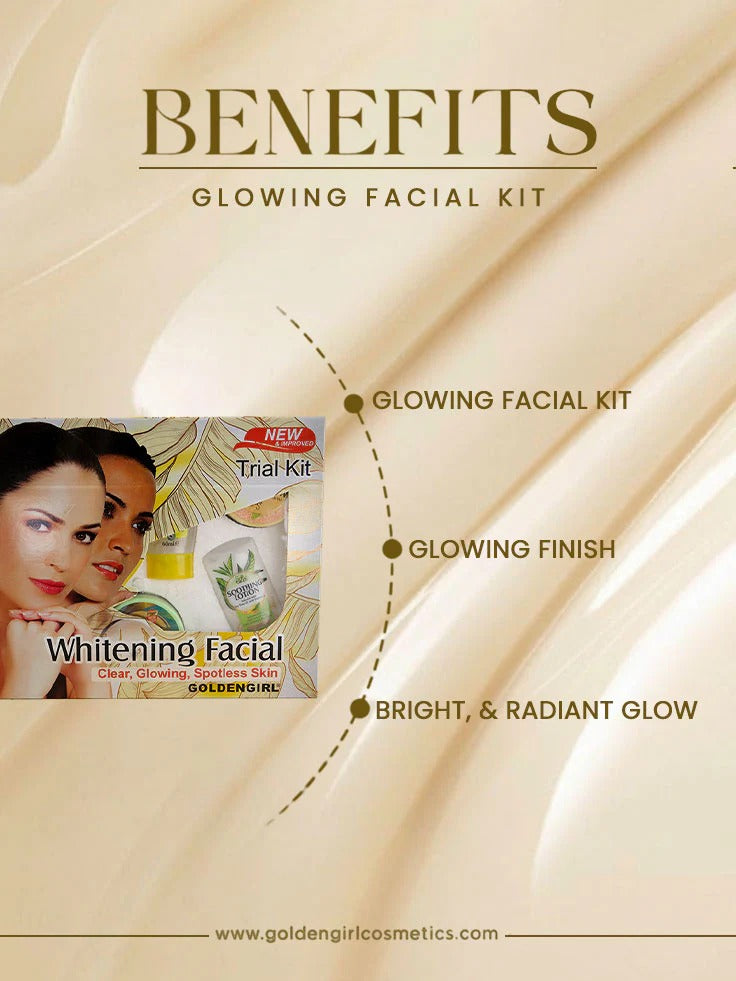 Advertisement for Golden Girl Whitening Facial Trial Kit 7 Items text highlighting benefits on a beige background.