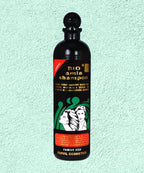 Black shampoo bottle with a colorful label on a light green background
