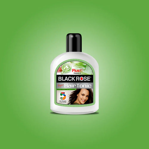 Black Rose hair tonic bottle on a green background