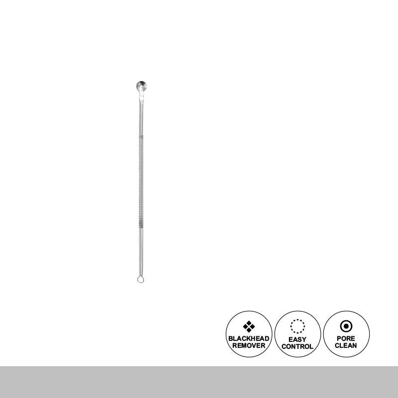 Metal blackhead remover tool on a white background with icons indicating features.