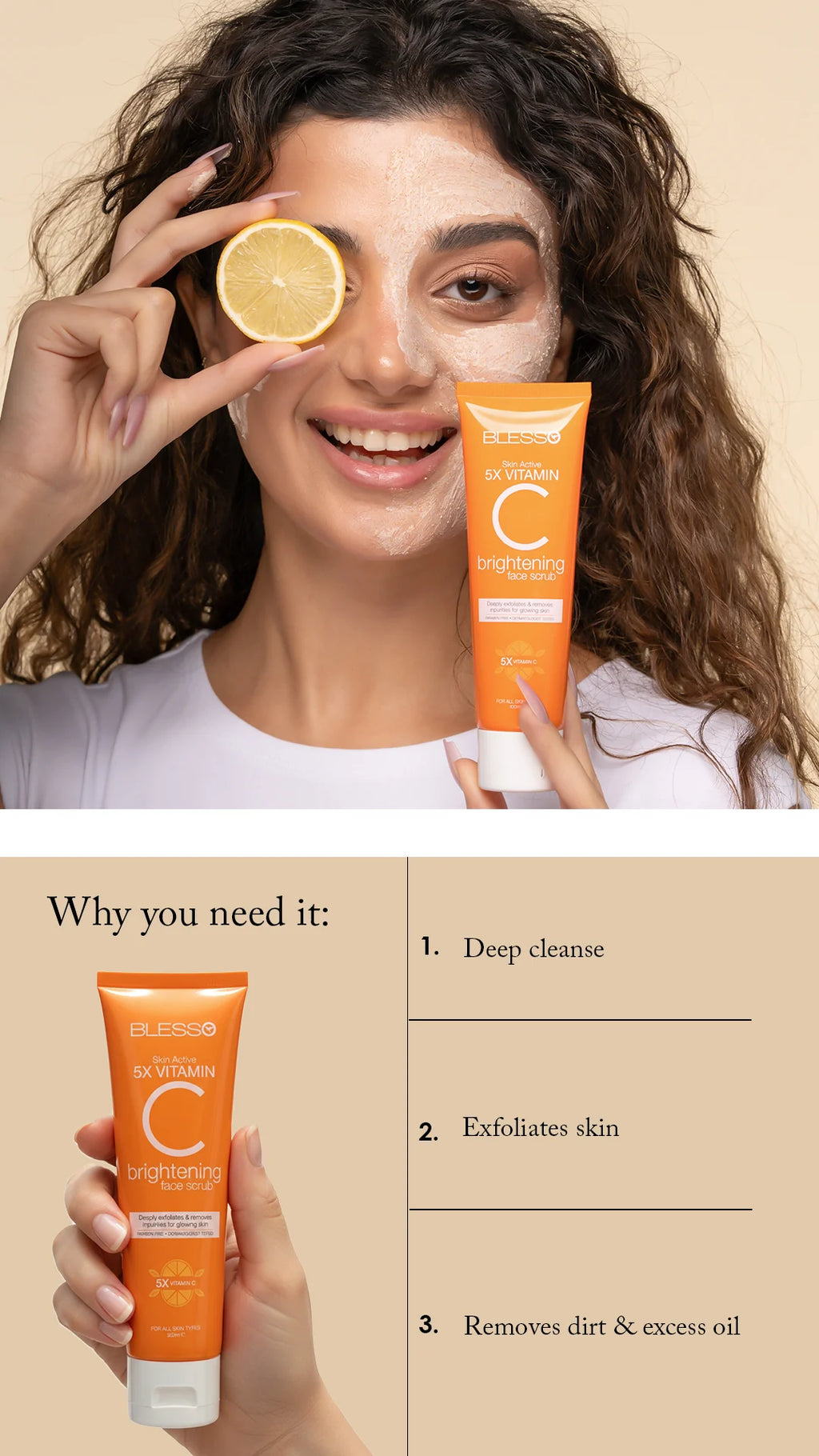 Woman holding a Blesso tube of skincare product with an orange slice, showing benefits on a beige background.