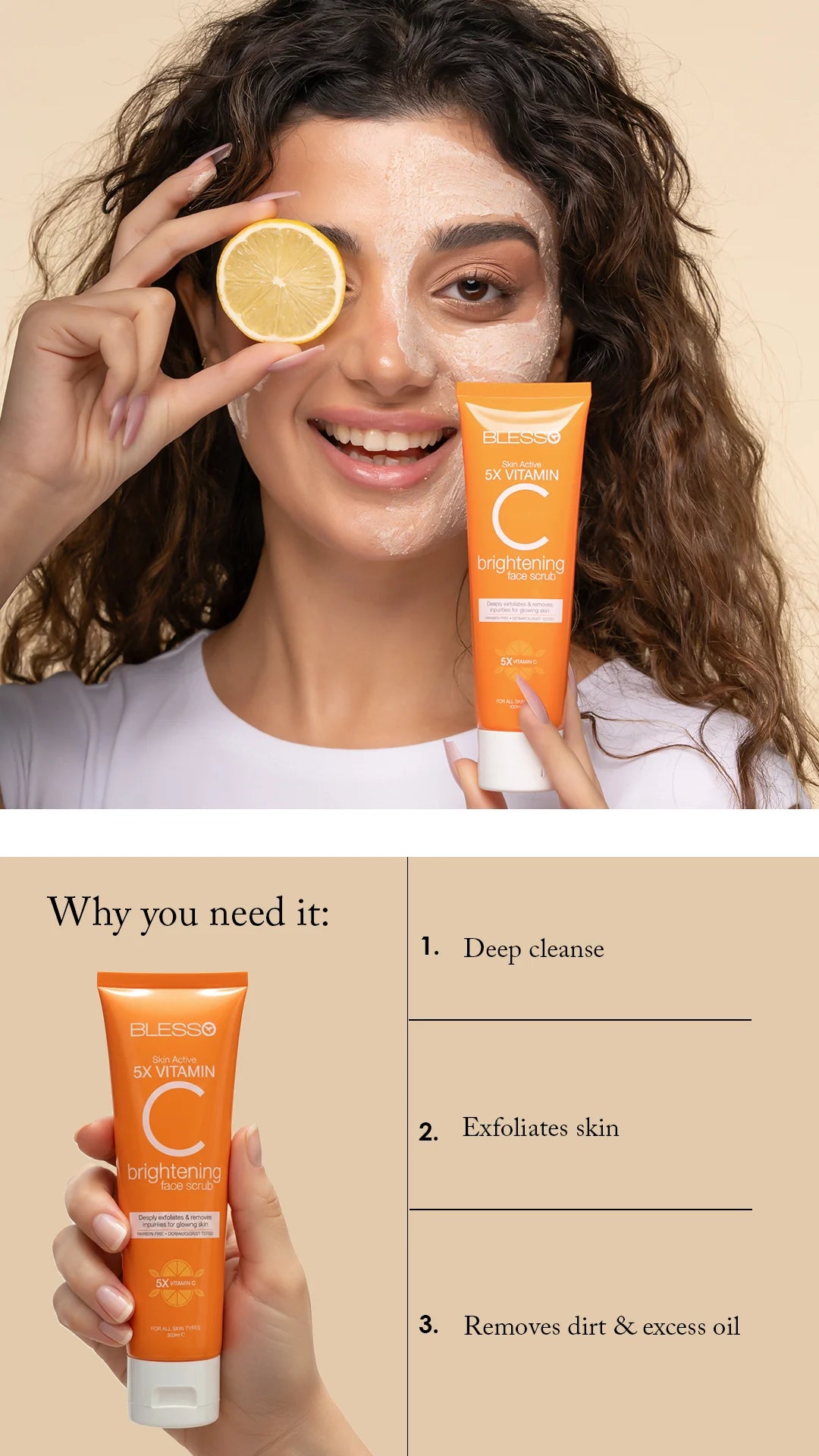 Woman holding a Blesso tube of skincare product with an orange slice, showing benefits on a beige background.