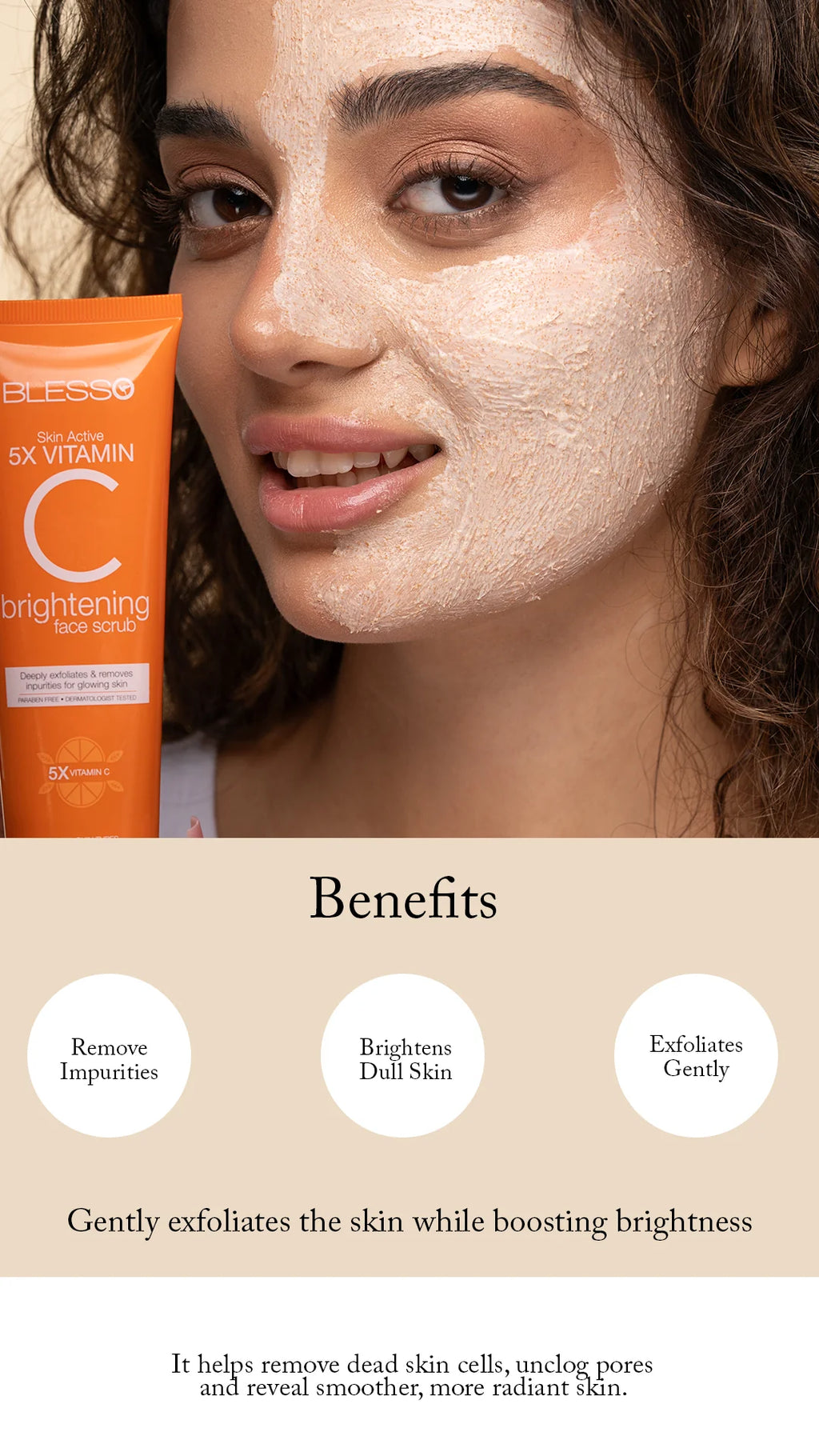 Woman with a skincare product and benefits listed below