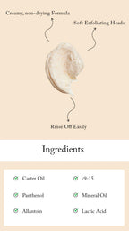 Product packaging with text on a beige background