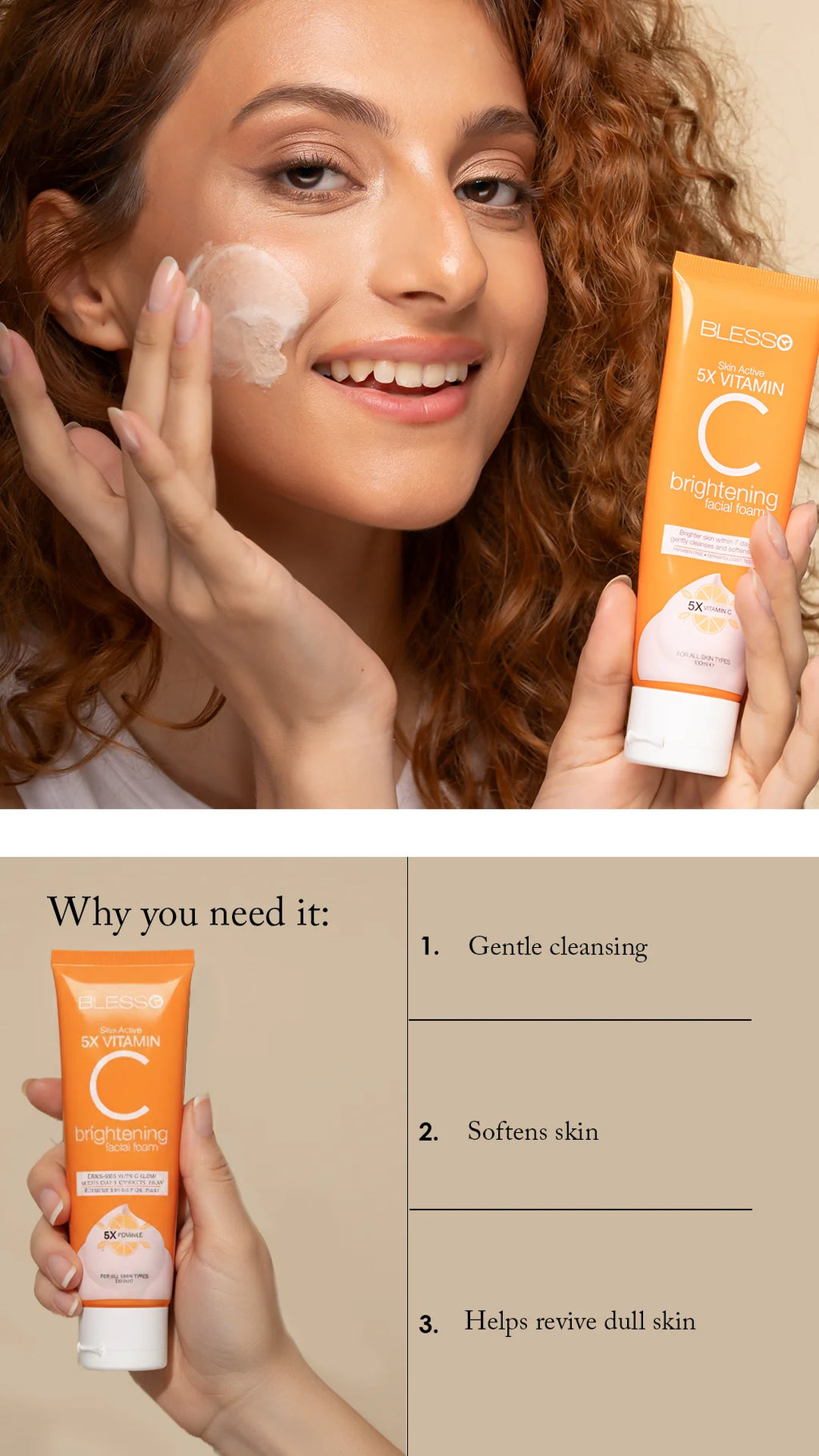Woman applying Blesso cream to her face with a bottle of skincare product, featuring text on benefits.