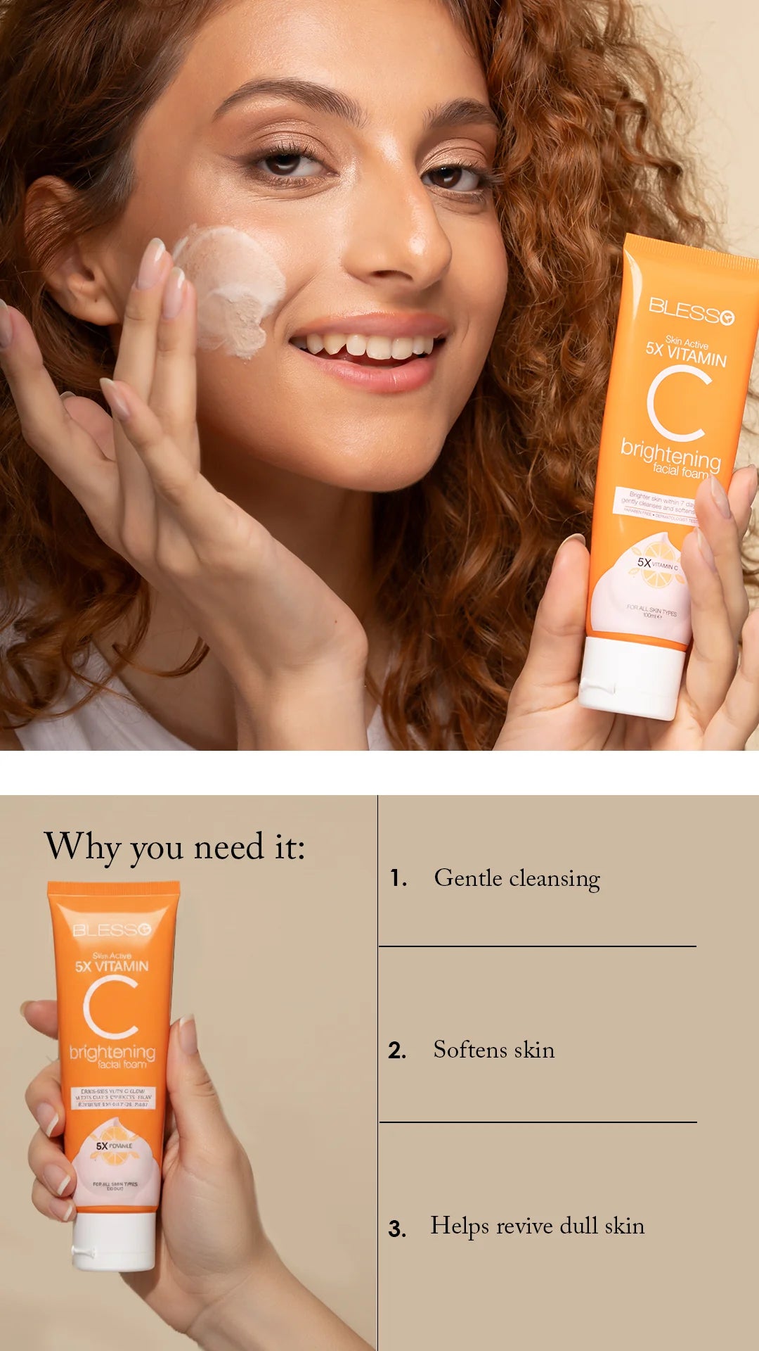 Woman applying Blesso cream to her face with a bottle of skincare product, featuring text on benefits.
