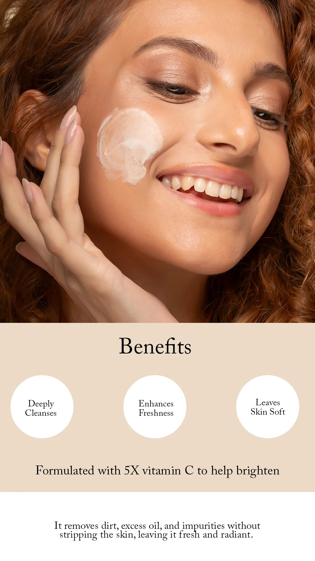Woman applying Blesso cream to her face with text about product benefits