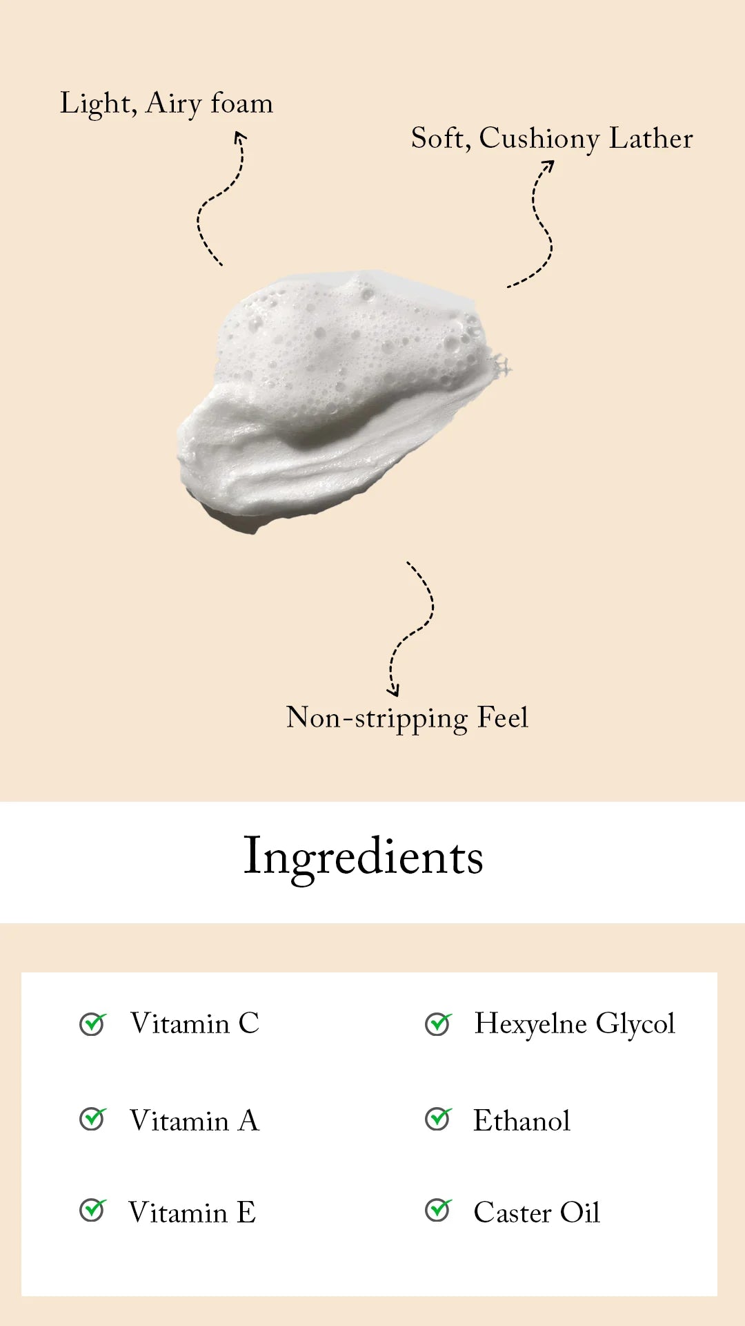 Blesso Cosmetic product with foam texture and listed ingredients on a beige background