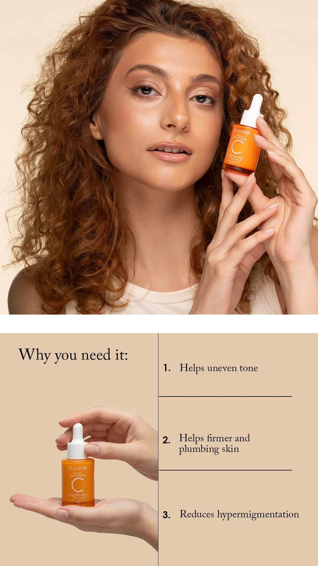 Woman holding a skincare Blesso product with text on a beige background