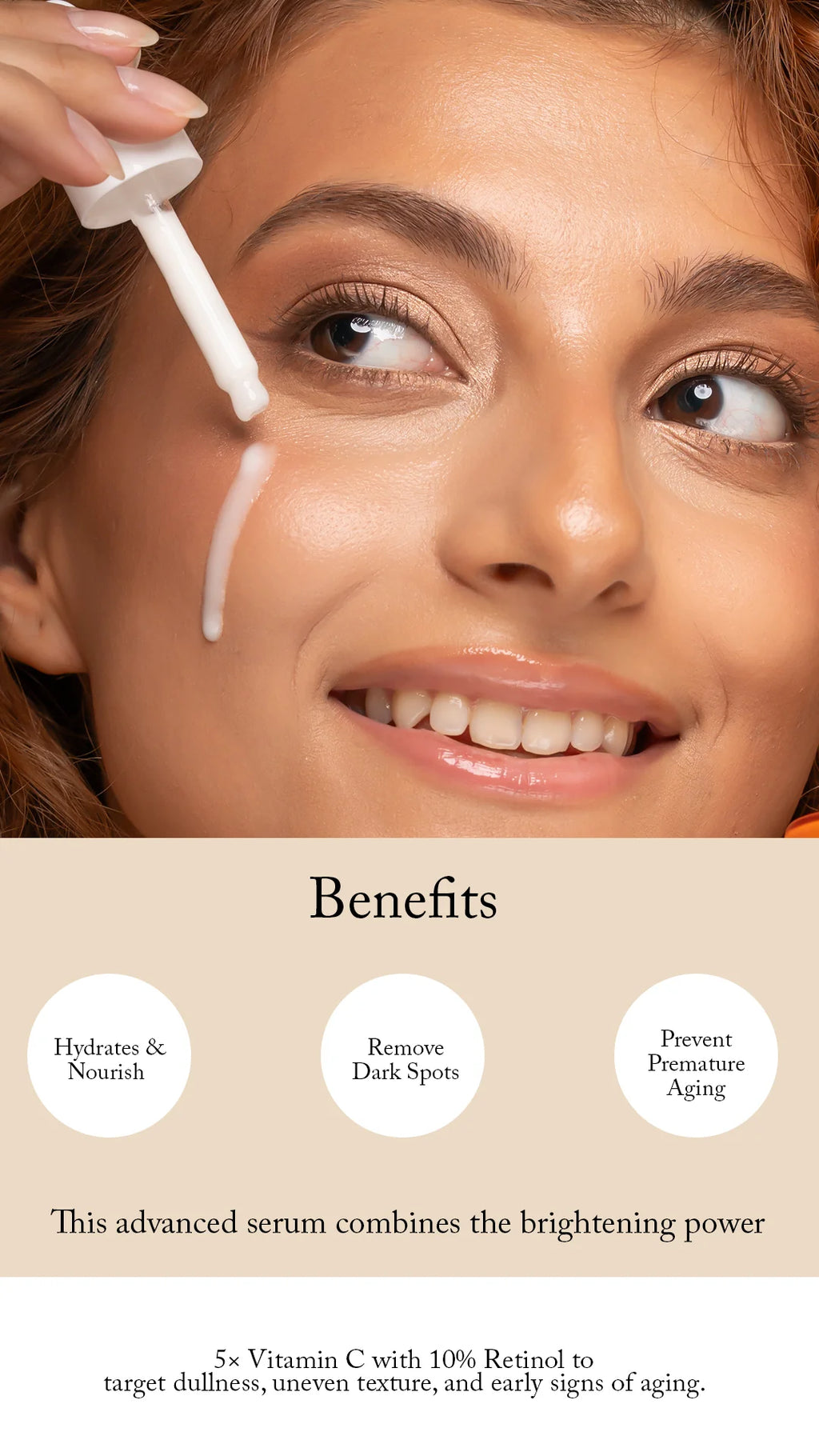 Woman applying Blesso serum to her face with text highlighting benefits on a beige background