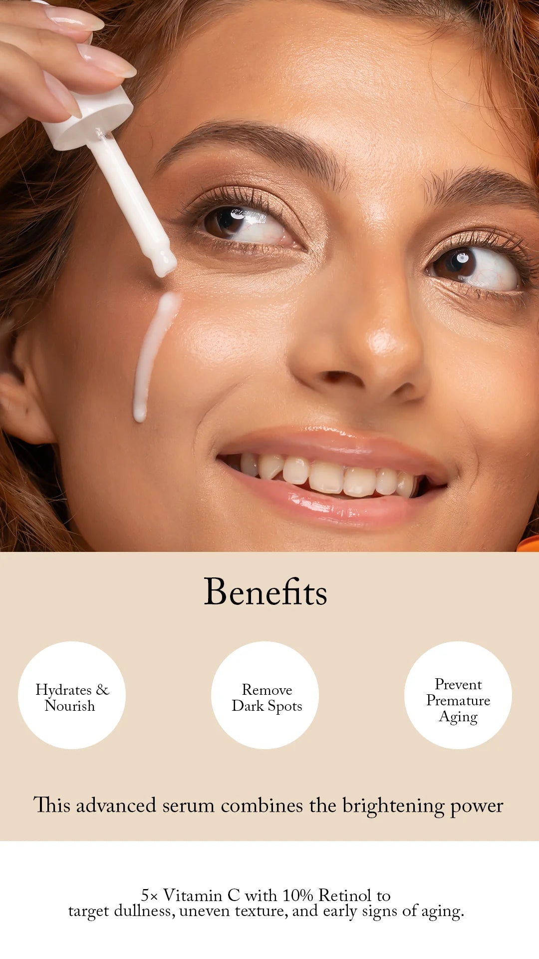 Woman applying Blesso serum to her face with text highlighting benefits on a beige background