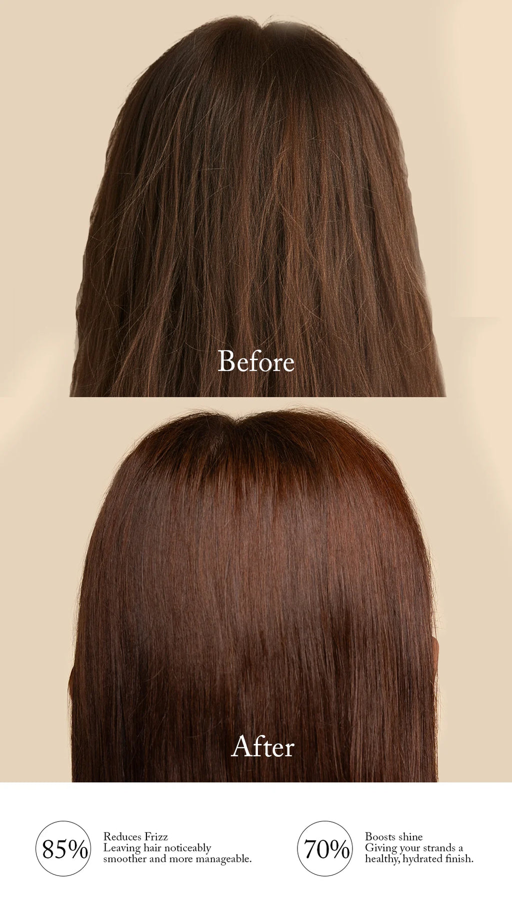 Before and after comparison of hair texture on a beige background