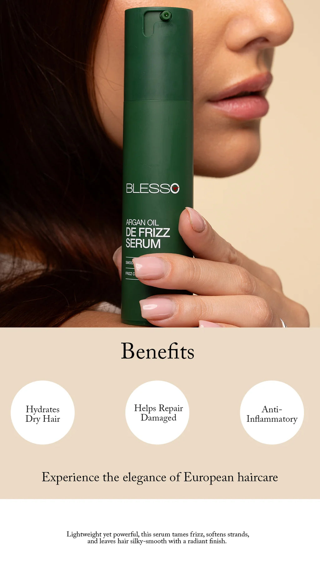 Blesso hair serum bottle held by a person with product benefits listed below.