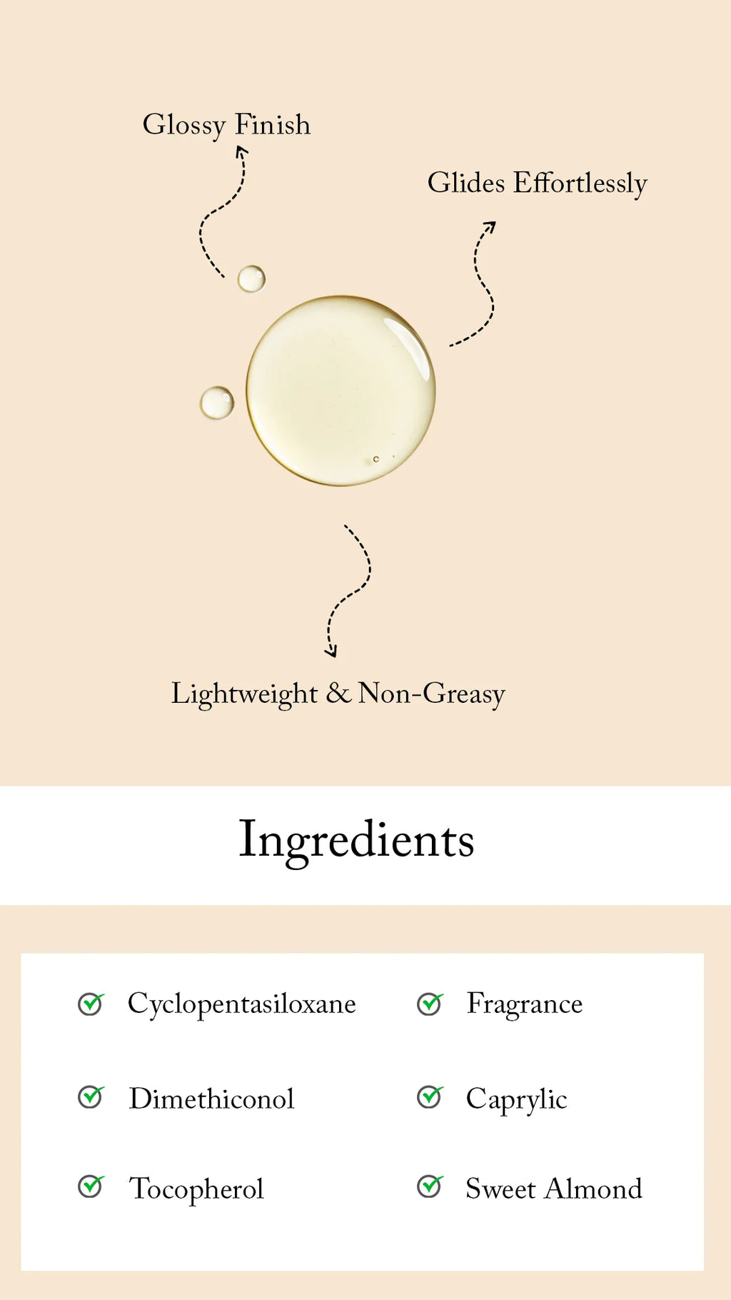 Product feature card with glossy finish, glides effortlessly, lightweight & non-greasy text on a beige background.