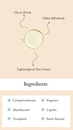 Product feature card with glossy finish, glides effortlessly, lightweight & non-greasy text on a beige background.