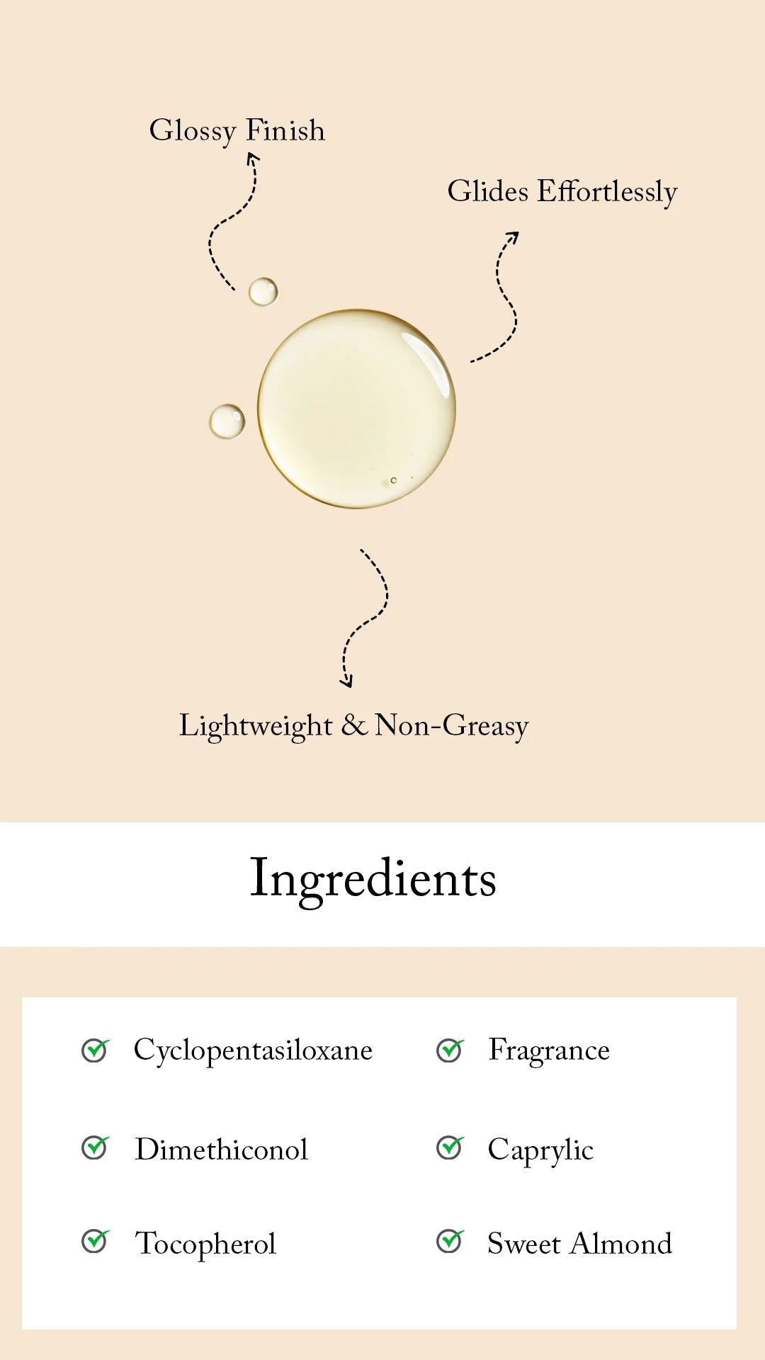 Product feature card with glossy finish, glides effortlessly, lightweight & non-greasy text on a beige background.