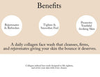 Benefits graphic for Blesso Collagen Booster- G Sensation Facial Foam face wash, featuring three white circles with text: 'Rejuvenates & Refreshes,' 'Tighter & Smoother Feel,' and 'Promotes Youthful -looking Skin,' above a statement about cleansing, firming, and rejuvenating skin.