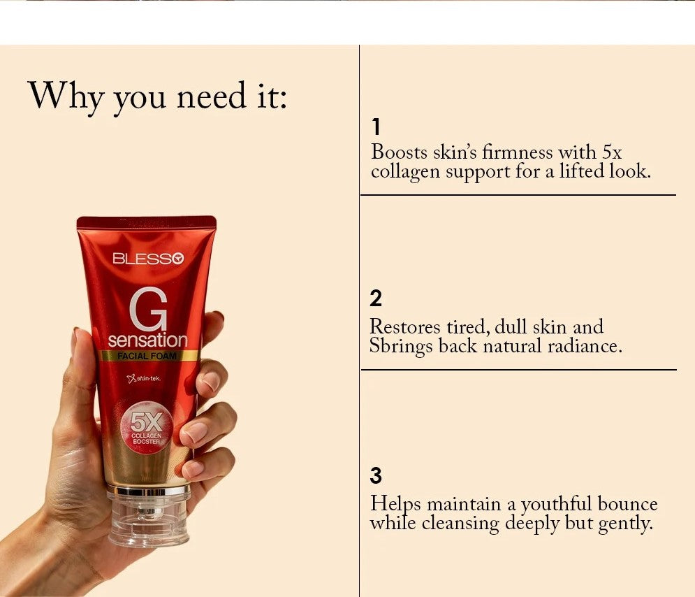A hand holds a tube of Blesso G Sensation Facial Foam on a beige background with text explaining the benefits of the product.