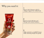 A hand holds a tube of Blesso G Sensation Facial Foam on a beige background with text explaining the benefits of the product.