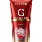 A red squeeze tube of Blesso G Sensation Facial Foam with gold and white text, featuring a skin-tec logo and a 5X collagen booster graphic, on a white background.